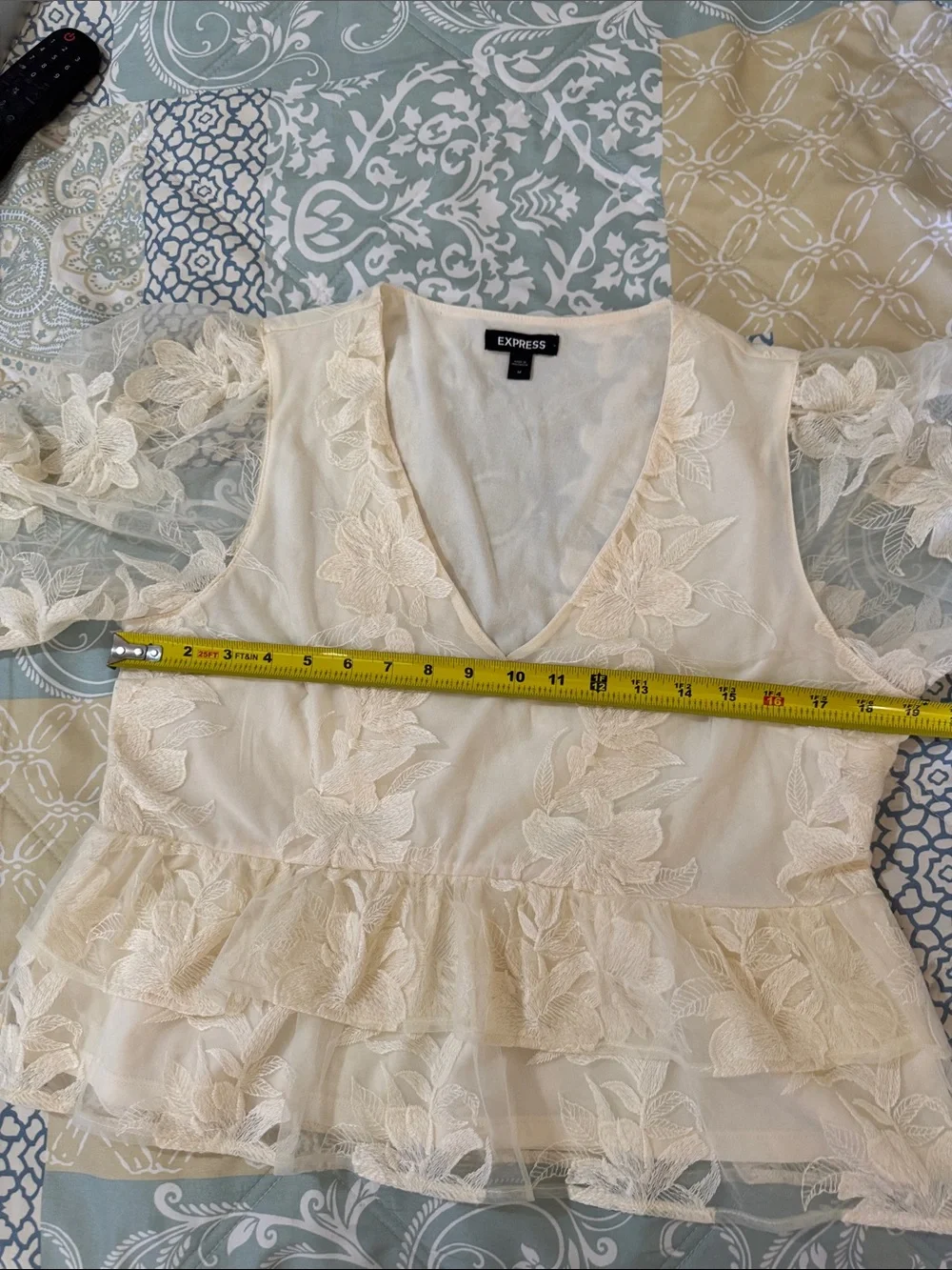 Express Cream Lace Ruffle V-Neck Blouse, USED - Picture 3 of 13